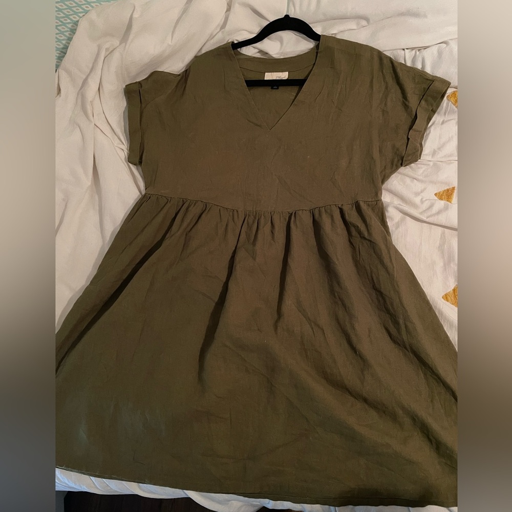 Army green linen dress with pockets!